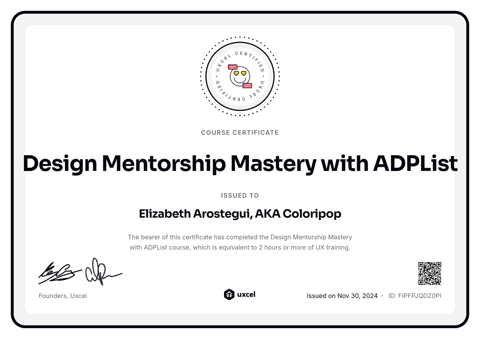 Elizabeth Arostegui, AKA Coloripop's certificate